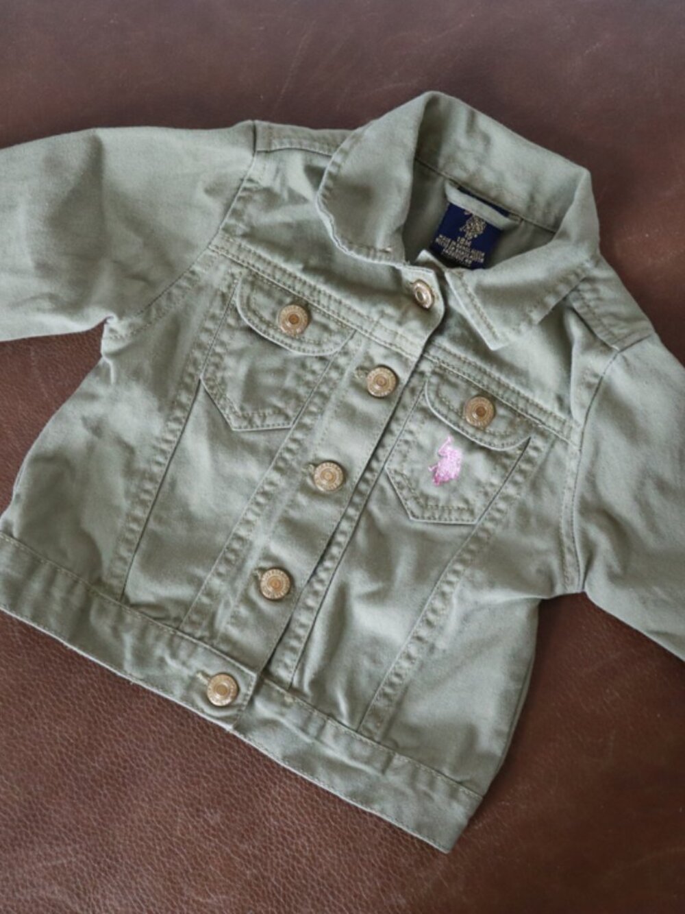 US Polo Olive Green Jacket with hot pink logo on back (18mo)